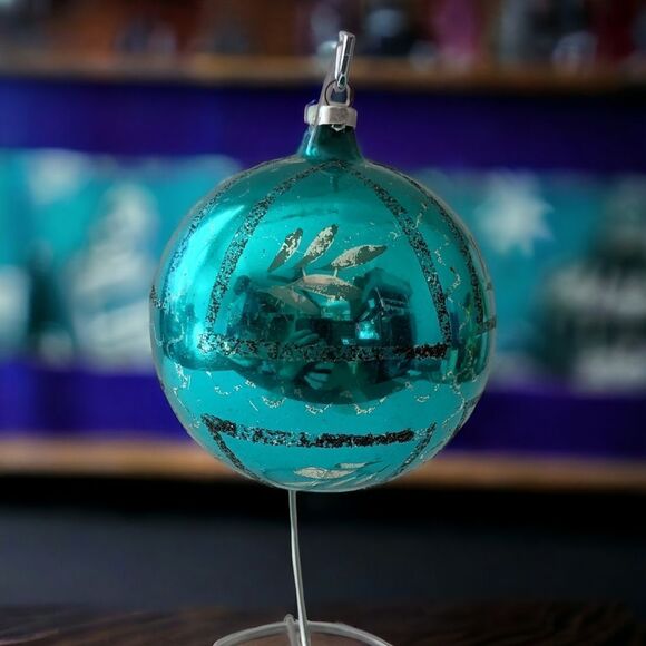 Mercury Glass Ball Ornament Blue West Germany LARGE Handblown 925 Silver Glitter - Picture 10 of 14